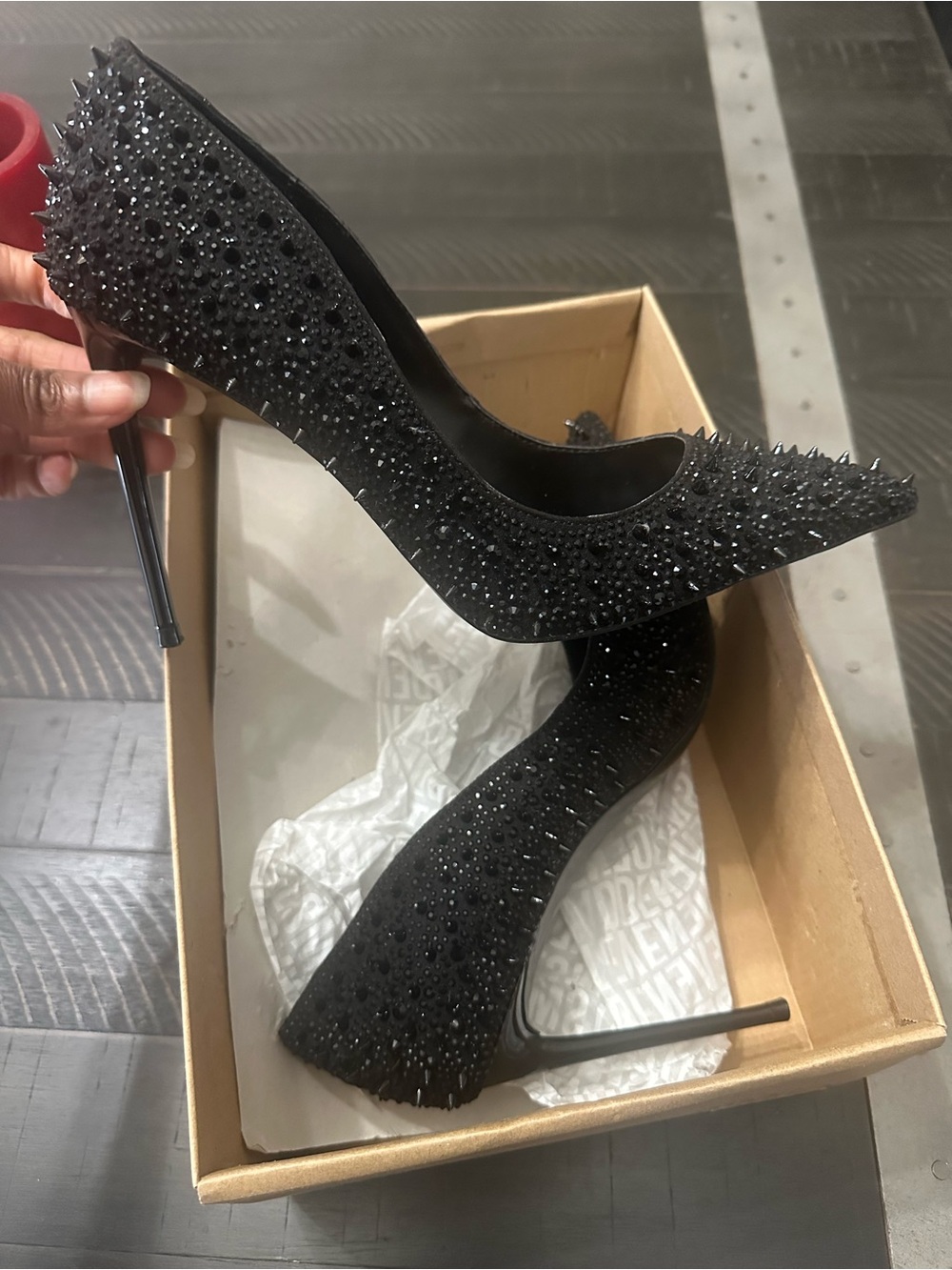 Steve Madden Black Crystal & Spike Pointed Toe Stiletto Pumps - 4.5 inch heels - Picture 3 of 5
